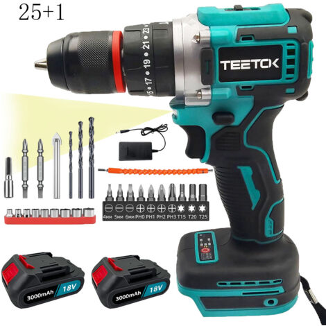 Cordless screwdrivers,Brushless,18V Cordless Combi Hammer Drill Driver 25+1 with Drill Bit Sets +2x 3.0Ah Battery+Charger ,Compatible with Makita Battery