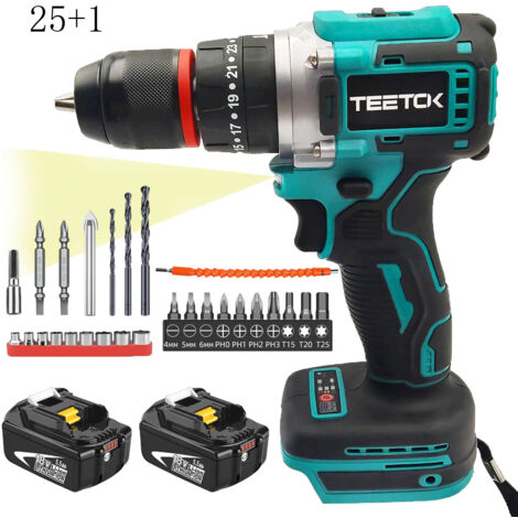 Cordless screwdrivers,Brushless,18V Cordless Combi Hammer Drill Driver 25+1 with Drill Bit Sets +2x 5.5Ah Battery (Not Included Charger),Compatible with Makita Battery