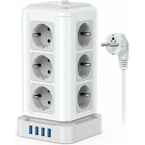 Cordon 2m,Tour Prises ÉLectriques (4000W/16A), Multiprise Electrique 12 Prises et 4 Ports USB, Tour Multiprise Electrique avec Interrupteur Protection Contre Les Surcharges pour Maison Bureau
