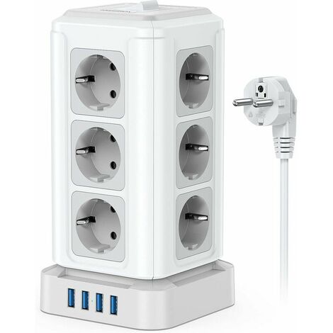 Cordon 2m,Tour Prises ÉLectriques (4000W/16A), Multiprise Electrique 12 Prises et 4 Ports USB, Tour Multiprise Electrique avec Interrupteur Protection Contre Les Surcharges pour Maison Bureau