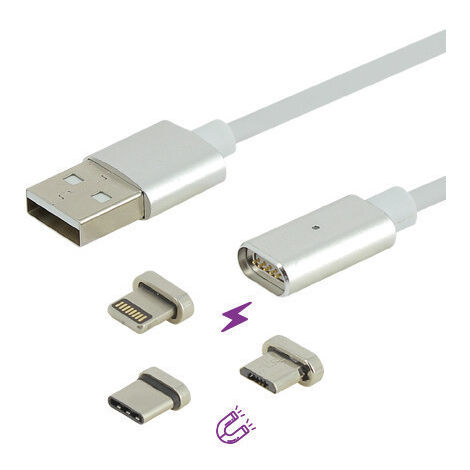 Cordon aimanté USB / Lightning  USB-C  Micro USB - 3 en 1 - Mâle / Mâle  1 mètre