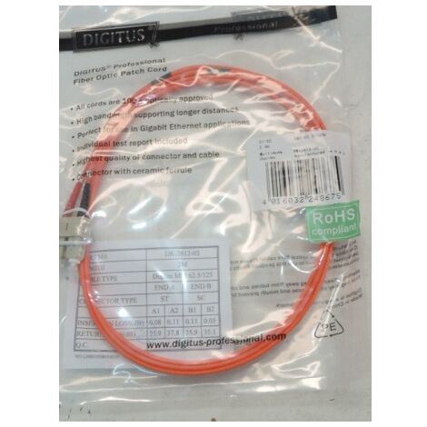 Cordon fibre optique duplex Multimode OM1 ST/SC 62.5/125 couleur orange longueur 2m ASSMANN DK-2612-02