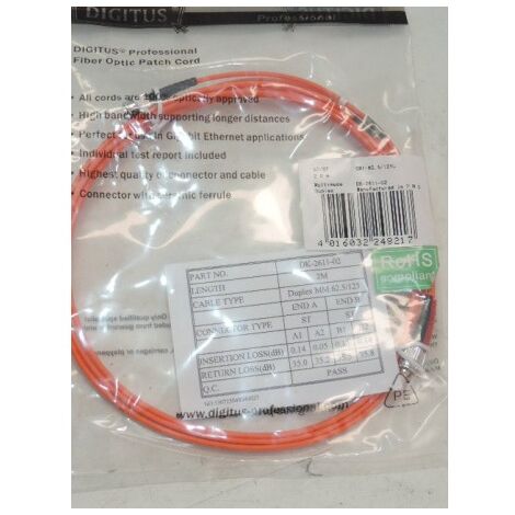 Cordon fibre optique duplex Multimode OM1 ST/ST 62.5/125 couleur orange longueur 2m ASSMANN DK-2611-02