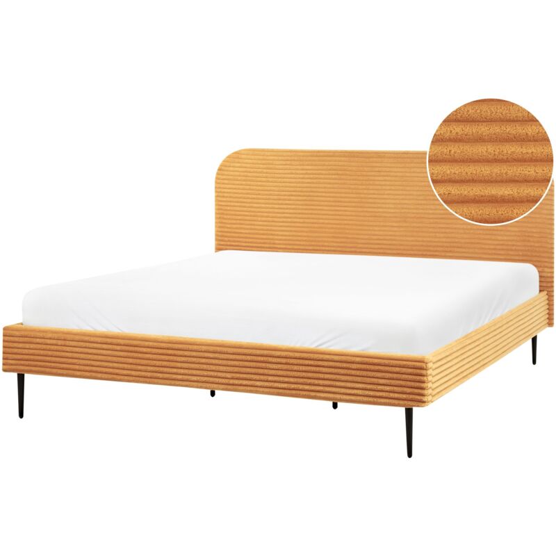 Beliani Corduroy Jumbo Cord Wide Ridges Upholstered Eu Super King Size Bed 6ft Orange Flayat
