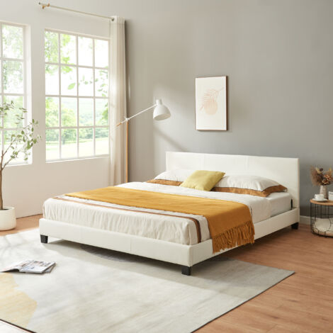 [Corium] Cama de matrimonio Albacete tapizada en piel sintética (180x200cm) (blanco)