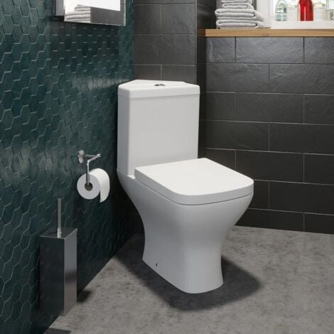 Corner Close Coupled Bathroom Toilet White Ceramic WC 358mm Square Space Saving Pan with Soft Close Seat