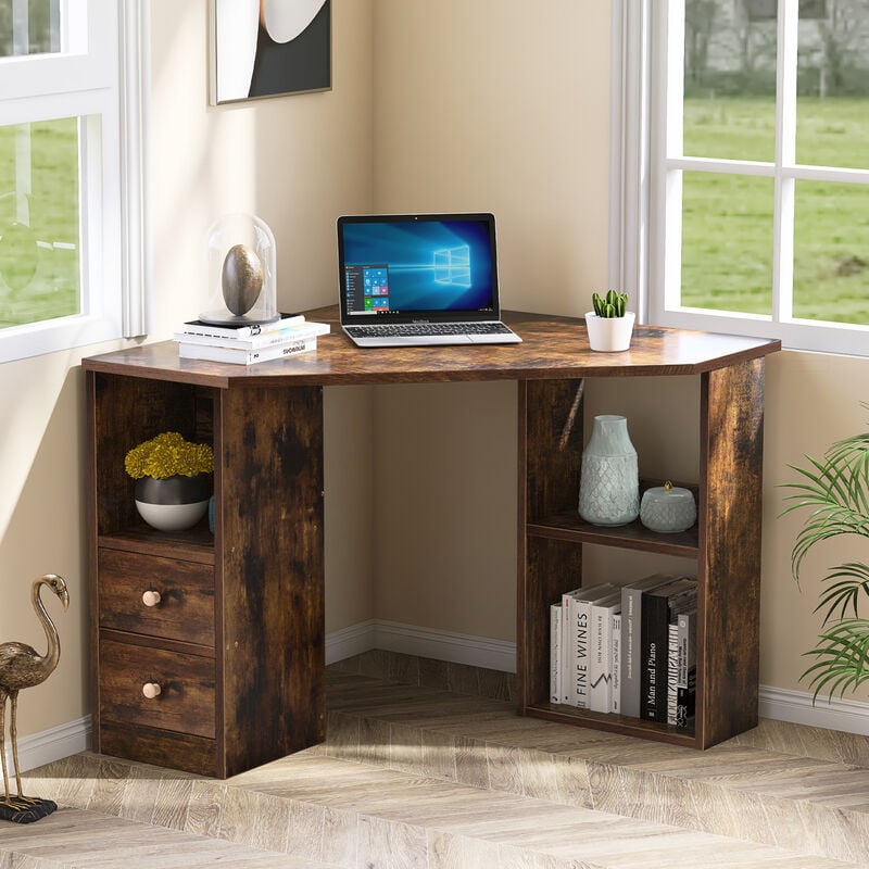 Corner Desk Computer Table with Drawers and Shelves Home Office Writing Workstation, Brown