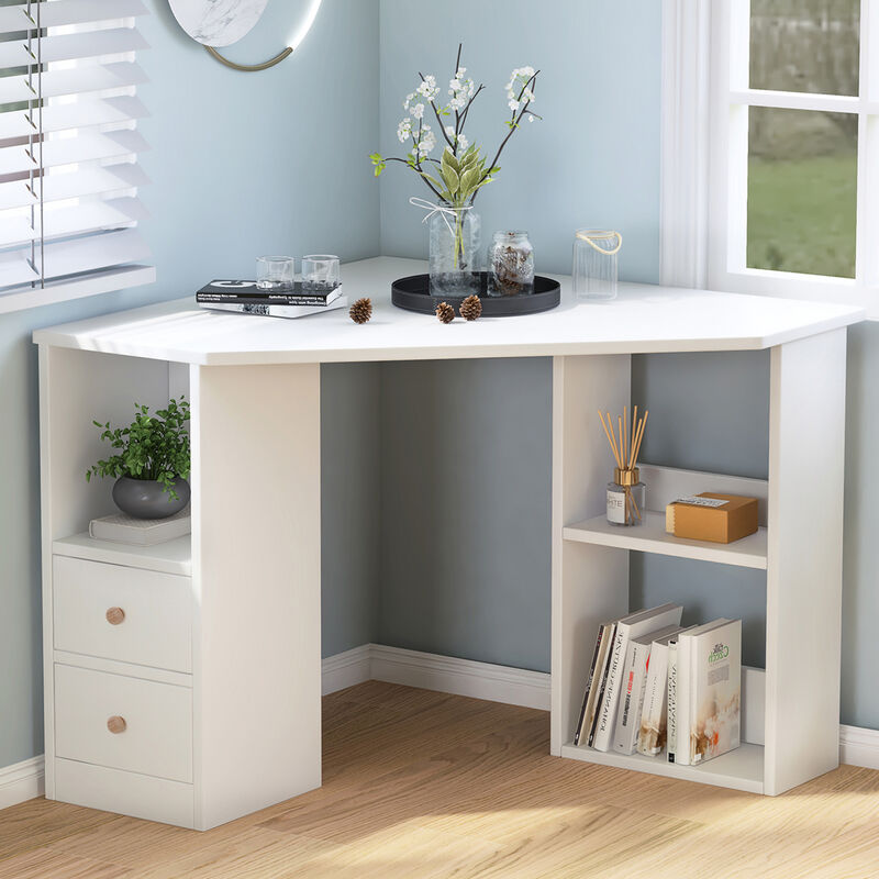 Corner Desk Computer Table with Drawers and Shelves Home Office Writing Workstation, White