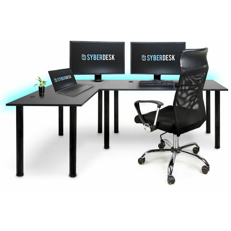 Syberdesk - Bureau d'angle Gaming Pro led - 197 x 132 cm - avec led - Grand Bureau d'ordinateur. (Gauche, Noir)