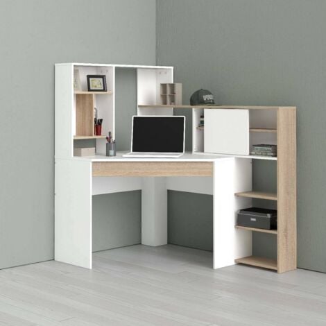 Corner desk with shelves, white and oak colour, 138.4 x 141.1 x 101.6 cm