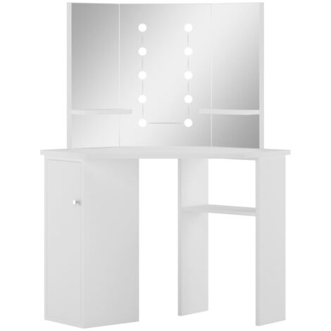 Corner Dressing Table Make-up Table with LED Light White vidaXL