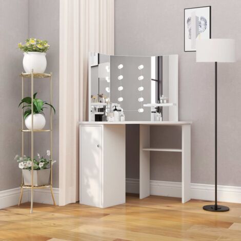 main image of "Corner Dressing Table Make-up Table with LED Light White - White"