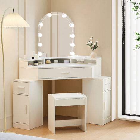Corner Dressing Table with LED Lights Arch Mirror Vanity Make up Desk Stool Set