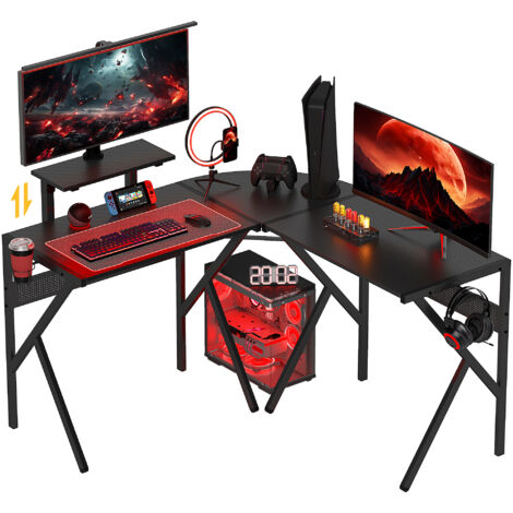 Corner Gaming Desk for Home Office w/ Monitor Stand Cup Holder Headphone Hook Black