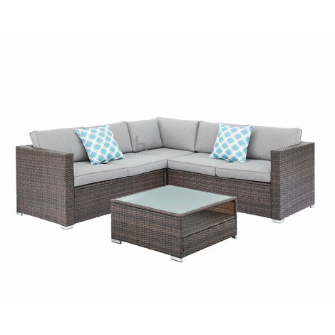main image of "Corner L-Shape Rattan Sofa Garden Lounge Set - Brown With Grey Cushions"