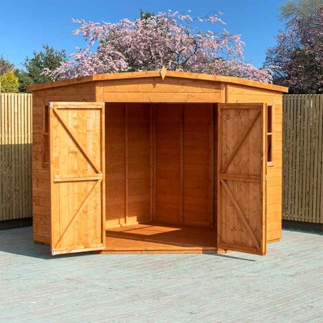 SHIRE Corner Shed Double Doors Tongue and Groove Garden Shed Workshop Approx 7 x 7 Feet - Honey Brown Timber Basecoat