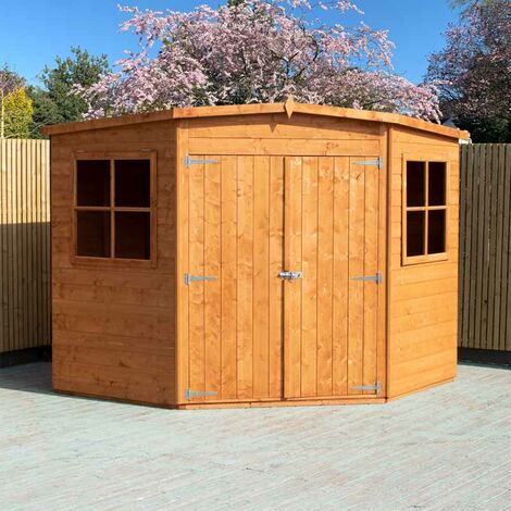 SHIRE Corner Shed Double Doors Tongue and Groove Garden Shed Workshop Approx 8 x 8 Feet - Honey Brown Timber Basecoat