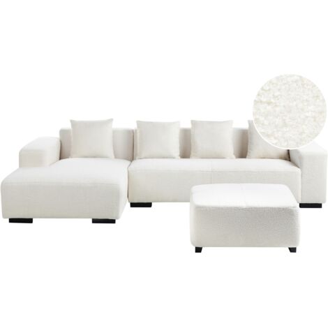 Corner Sofa 4 Seater LUNGO Boucle White with Ottoman Right Hand