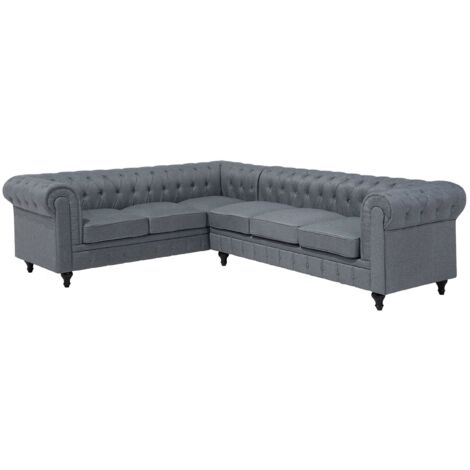Corner Sofa 6 Seater CHESTERFIELD Fabric Grey Right Hand