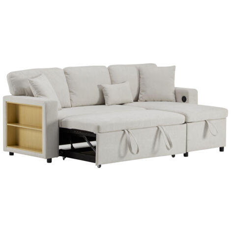 Corner Sofa Bett Eckcouch Couch L-Form Schlafcouch Ausziehbar, Bettkasten und integriertem Regal, Beige