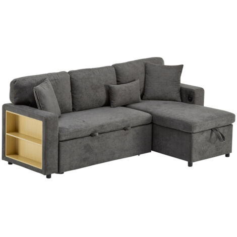 Corner Sofa Bett Eckcouch Couch L-Form Schlafcouch Ausziehbar, Bettkasten und integriertem Regal,dunkelgrau
