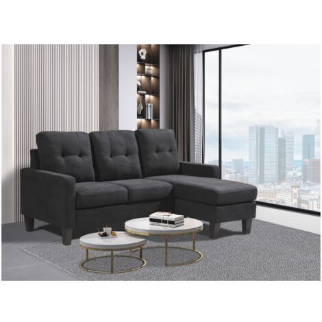 Corner Sofa Fabric Sectional Sofa with Ottoman L-shaped  Black Sofa Couch Reversible 3-Seater