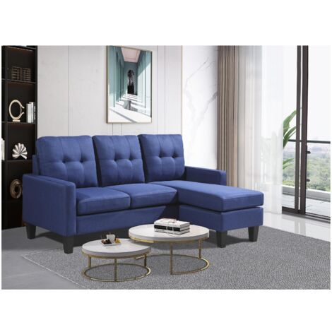 Corner Sofa Fabric Sectional Sofa with Ottoman L-shaped Blue Sofa Couch Reversible 3-Seater