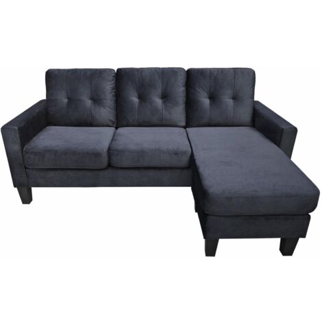 Corner Sofa Velvet Sectional Sofa with Ottoman L-shaped  Black Sofa Couch Reversible 3-Seater