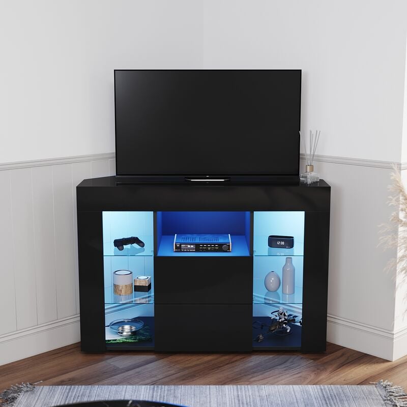 Elegant - Corner tv Stand Black Unit High Gloss Cabinet with led Lights 2 Drawers