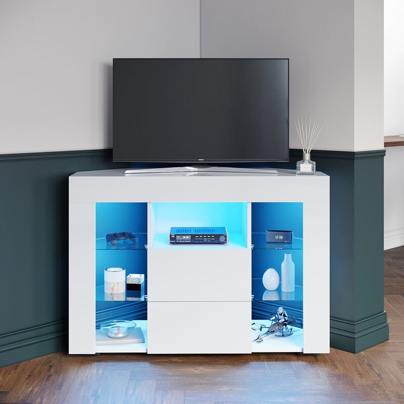 Elegant - Corner tv Unit Stand High Gloss Cabinet with led Lights Drawers Storage White