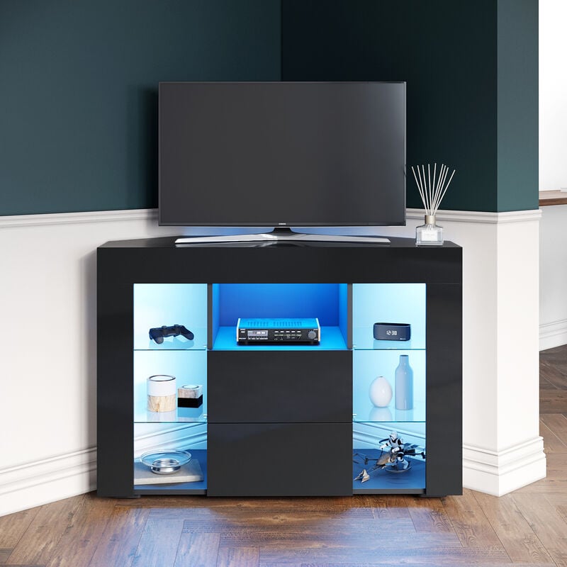 Elegant - Corner tv Unit Stand High Gloss Cabinet with led Lights Drawers Storage Black