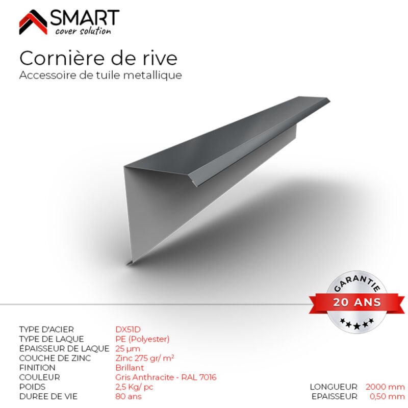 Cornière de rive - bac acier - tôle de couverture - Toiture - - bac acier - tôle de couverture - Toiture - Coloris Gris Anthracite ral 7016 L=2m,