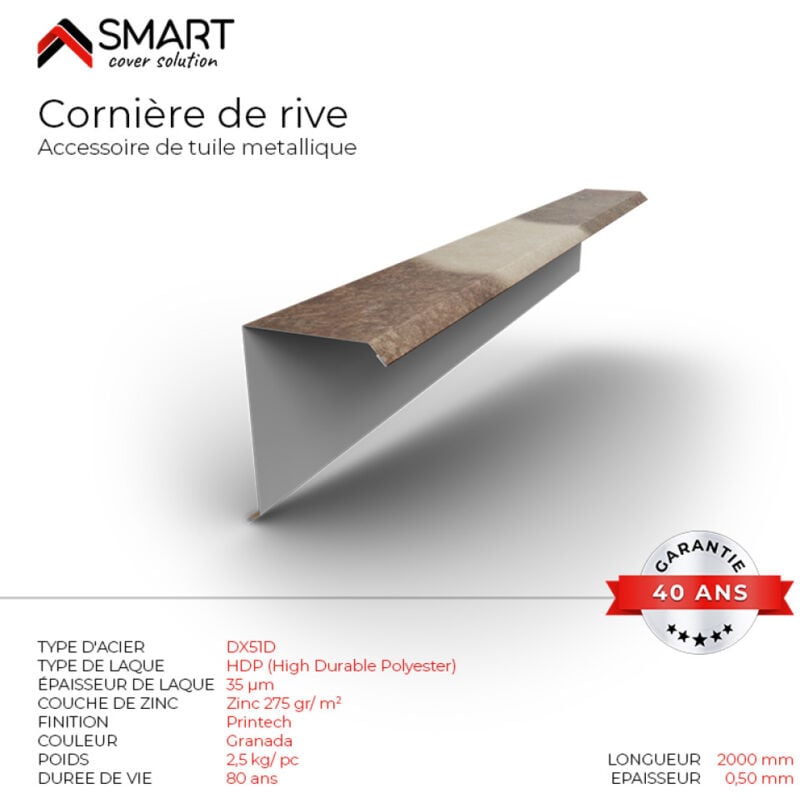 Cornière de rive - bac acier - tôle de couverture - Toiture - - bac acier - tôle de couverture - Toiture - Coloris Spanish Roof Granada L=2m,