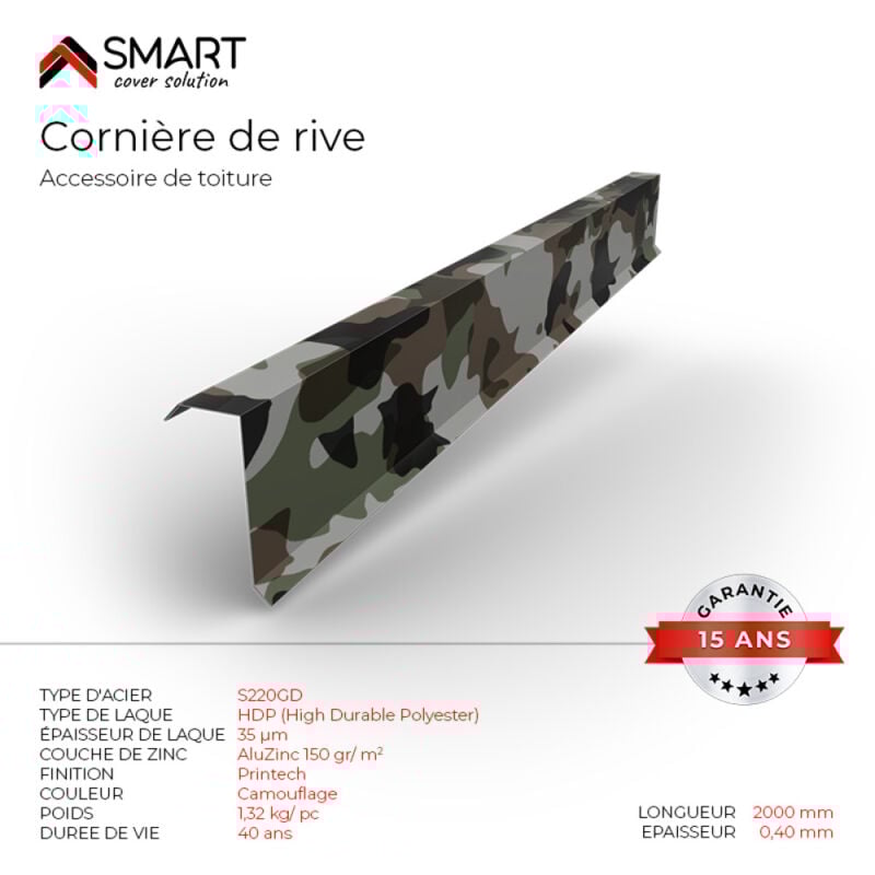 Cornière de rive - bac acier - tôle de couverture - Toiture - - bac acier - tôle de couverture - Toiture - H12 Coloris Camouflage Printech L=2m