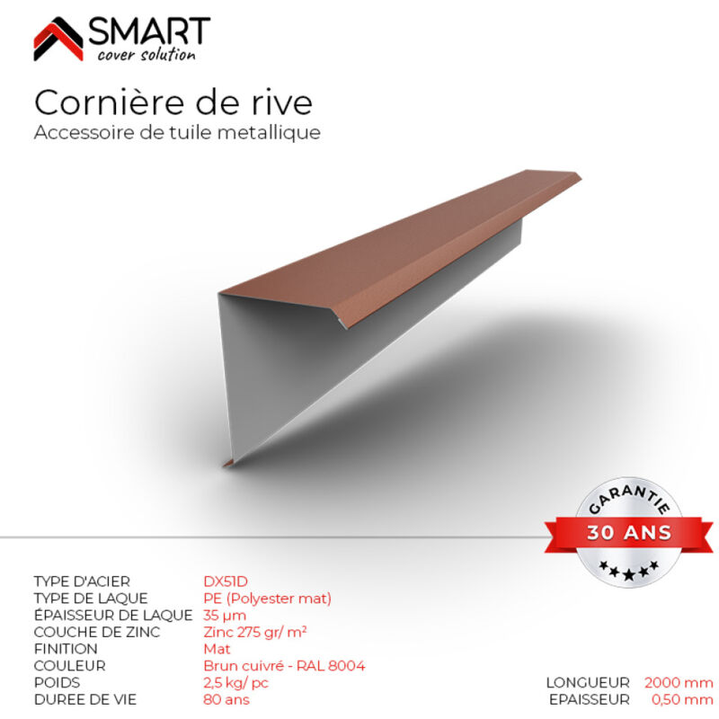 Cornière de rive - bac acier - tôle de couverture - Toiture - - bac acier - tôle de couverture - Toiture - Coloris Brun Cuivre ral 8004 Mat L=2m,