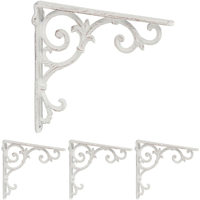 Relaxdays - Lot de 4 équerres pour étagères, en fonte, design rustique, h x l x p : 24,5 x 4 x 24,5 cm chacune, blanc