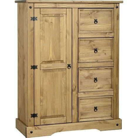 SECONIQUE Corona 1 Door 4 Drawer Low Wardrobe - L46 x W110 x H145 cm - Distressed Waxed Pine