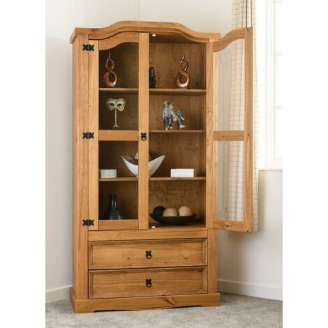 Corona 2 Door 2 Drawer Glass Display Unit Distressed Waxed Pine  Glass