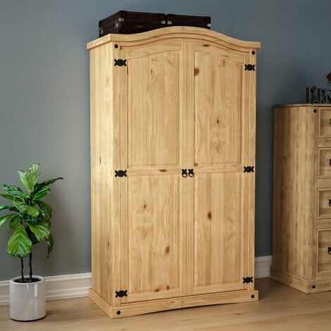 Corona 2 Door Wardrobe Solid Pine With Handing Rail & Storage Shelf