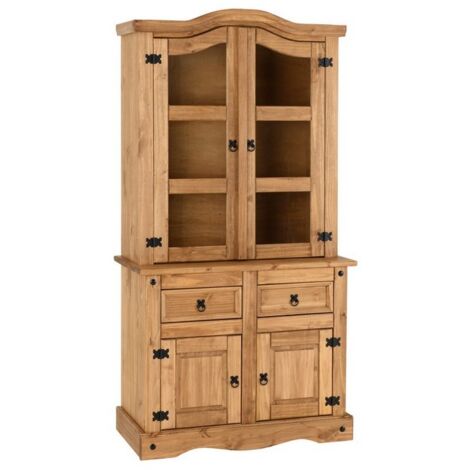 Corona 3 feet Buffet Hutch - L48.5 x W100 x H193 cm - Distressed Waxed Pine/Clear Glass