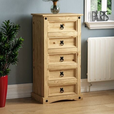 Corona 5 Drawer Narrow Chest of Drawer Solid Pine Bedroom Storage Furniture