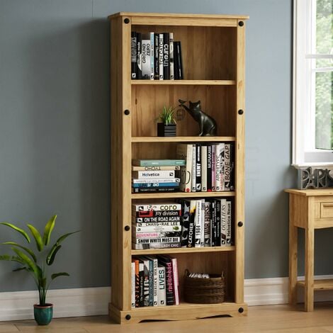 main image of "Corona 5 Tier Large Bookcase Solid Pine Shelving Storage Unit"