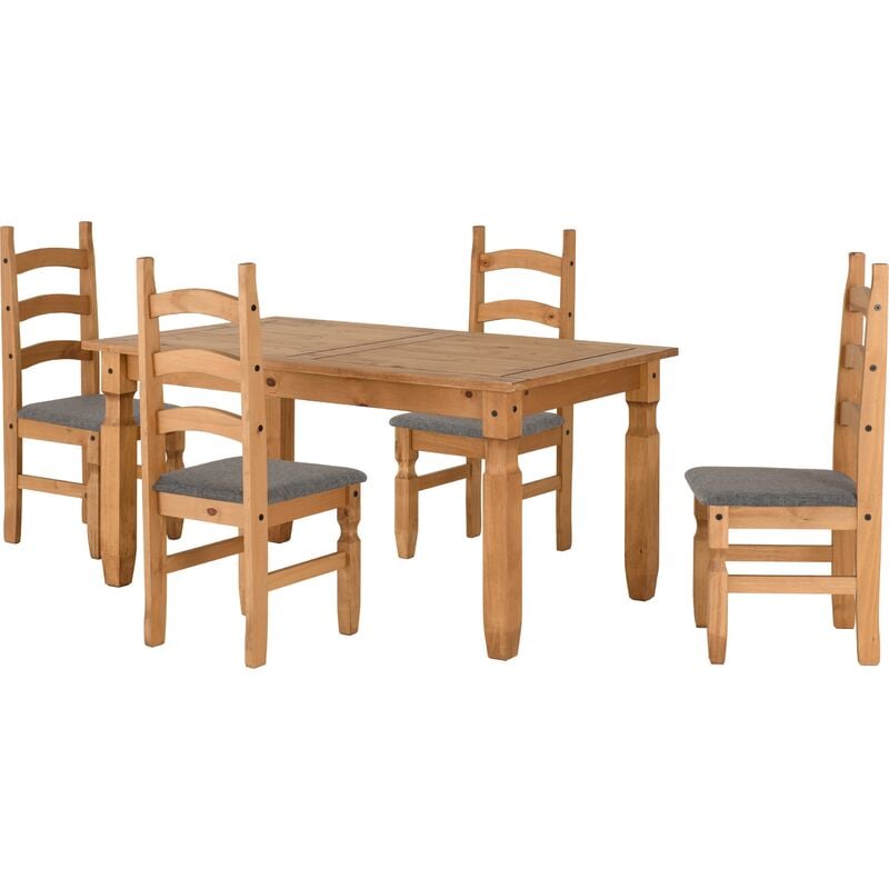 Corona 5ft Dining Set 4 Chairs in Distressed Waxed Pine and with Grey Fabric Seats