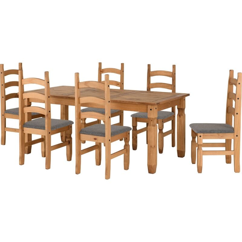 Corona 6ft Dining Set 6 Chairs in Distressed Waxed Pine and with Grey Fabric Seats