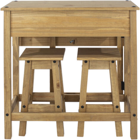 Corona Breakfast Drop Leaf Table and 2 Stools Set - Pine - 80 x 40-72 x 84 cm - Antique Waxed Pine