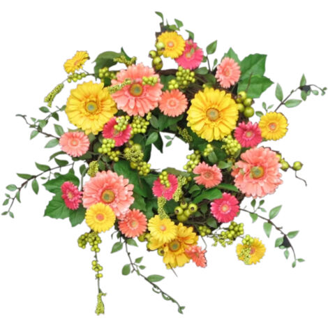 Corona de flores artificiales de 40 cm, margaritas multicolores, ramas verdes, elegante, hecha de plástico.