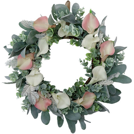 Corona de flores artificiales, diseño primaveral artificial, para decoración de puertas, paredes y ventanas, hecha de ratán sintético PU, blanca y rosa – grande, 40 cm x 25 cm