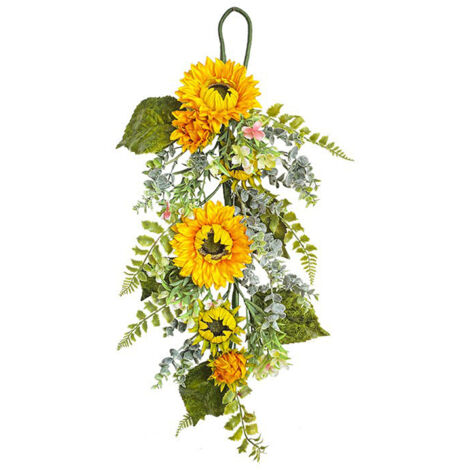 Corona de flores artificiales S2-31 – Girasoles invertidos para puerta, salón o recibidor  1 pieza, estilo bohemio campestre