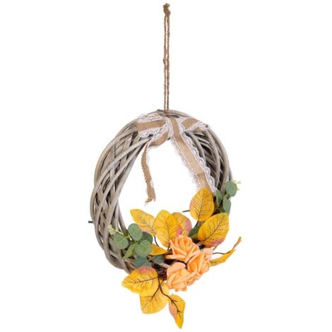 Corona de mimbre con flores para colgar multicolor, D30x6h cm
