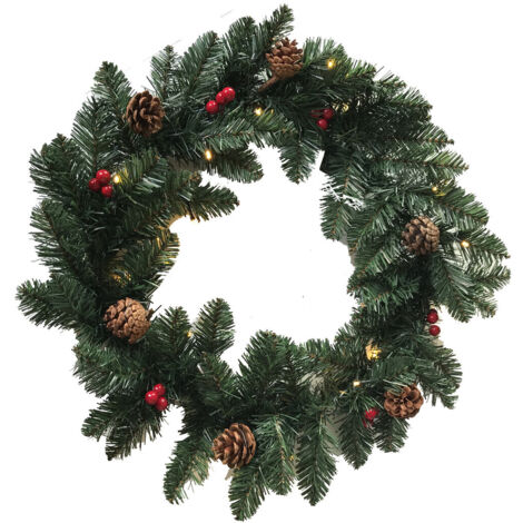 Corona de Navidad 60 cm con Luces, Piñas y Bolitas Rojas